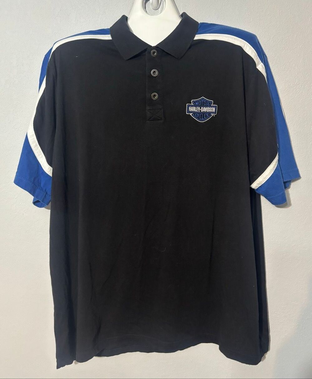 Vintage Harley Davidson Polo Shirt Algona Iowa Colorblock Black Blue Size 3XL